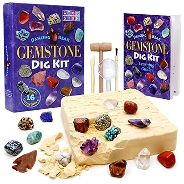 DANCING BEAR Gem stone Dig Kit Excavate 16 Real Gems Crystals including Arrowheads Quartz Point and Amethyst STEM Education for Kids Fun Rock Mining Science Activity Gift Sets for Girls and Boys