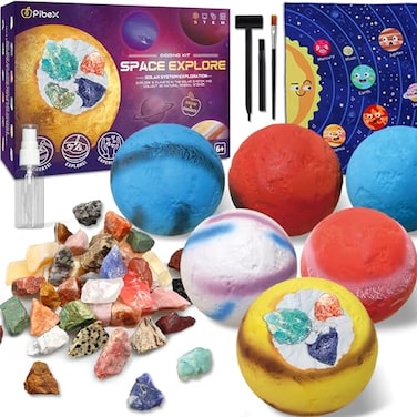 PIBEX Gemstone Dig Kit Dig up 30 Rocks Minerals from 6 Solar System Planets Archaeology Geology Science Experiment Activity Set Space Explore Mining Toy for Kids Gift for Boys Girls Age 6812