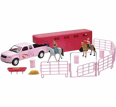 NewRay Valley Ranch Pink Pick Up Truck and Horse Trailer Playset