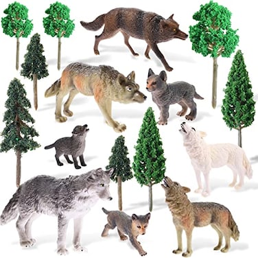 Skylety 16 Pcs Woodland Wolf Toy Figures Kit8 Wolf Figurines and 8 Mixed Plastic Trees Forest Cake Topper for Diorama Supplies Miniature Accessory Train Scenery