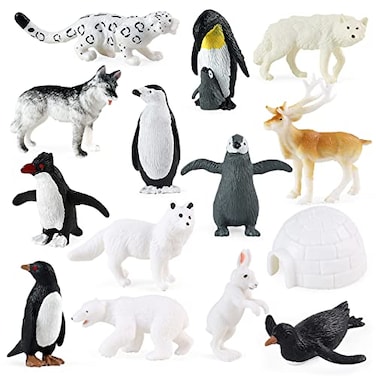 RCOMG Arctic Animals Figures 14pcs Mini Polar Animal Figurines Plastic Arctic Animal Toys Set with Arctic Fox Wolf Reindeer Penguins Toys