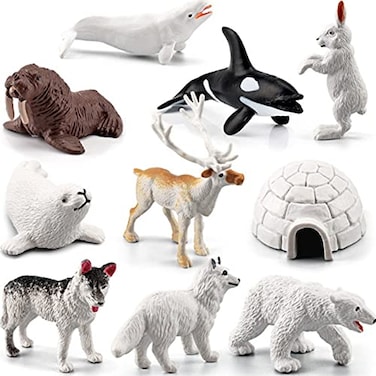 OUKEYI Mini Arctic Animals Figurines Set 10pcs Mini Realistic Plastic Animal Toy for Toddlers Reindeer White Whale Polar Bear Arctic Fox Wolf Figure Toy for Kids Birthday Gift