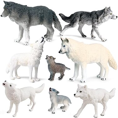 RCOMG 8PCS Wolf Toy Figures Realistic Wild Animal Wolf Figurines Plastic Jungle Forest Animal Toys Figurines for Kids Boys Girls