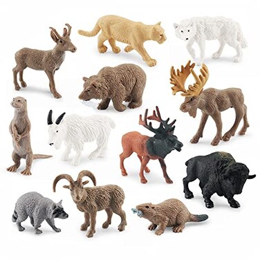 NatureMan North American Animals Set 12PCS Mini Wild Animals Figurines Set cludes Moose Raccoon Cougar Wolf Beaver for Children Educational Toy Cake Toppers