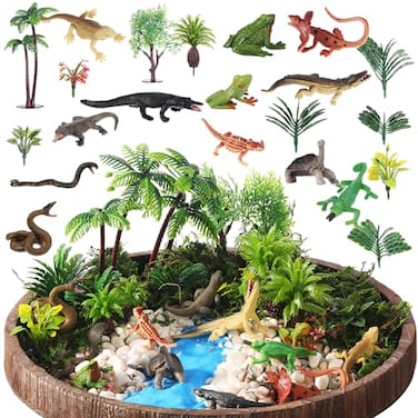 Sratte 26 Pcs Amphibious Animals Figurines Toys Diorama Project Kit Plastic Reptile Lizard Snake Playset Cake Toppers Model Trees for Kids Toddlers Educational Learning Birthday GiftTray Not Included