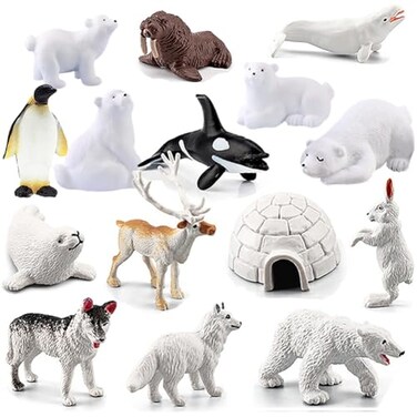 BLAPNK 15 Pcs Mini Polar Animal Figurines Model Realistic Glowing Igloo Plastic Bear Animal Figure Playset Miniature Arctic Sea Figurines Cake Toppers for Birthday