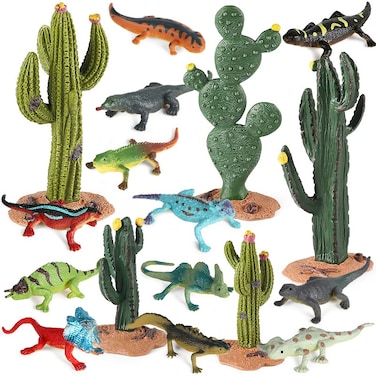 EOIVSH Desert Animal Figurines 17pcs Model Trees Cactus Kit with Lizard Figures for Kids Toddlers Reptile Toy Playset for Diorama Project Cake Topper Decorations