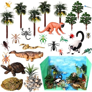 Silipull Rainforest Animal Figure Toys Set for Kid Rainforest Diorama School Diorama Supplies Kit Include Zoo Artificial Model Trees Stump Fake Rock Sand Stone Moss with Gift Box for 2026 Vbs School D