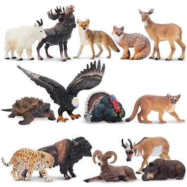 Toymany 14PCS Mini North American Forest Animals Figurines Realistic Jungle Animal Toys Includes Elk Pronghorn Leopard Gey Fox for Kids Adults Toddlers