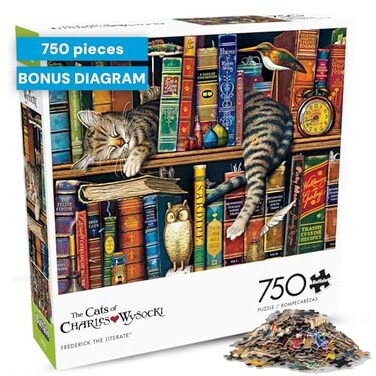 Buffalo Games Charles Wysocki Frederick the Literate 750 Piece Puzzles for Adults 24 x 18 in Includes Poster Cat Jigsaw Puzzle Whimsical Library Scene Artist Illustration
