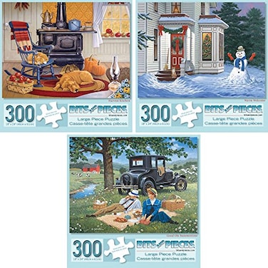 Bits and Pieces Value Set of Three Large 300 Piece Jigsaw Puzzles for Adults Seasons Themed Jigsaw Puzzles Designed by Artist John Sloane Completed Puzzle Size 18 x 24