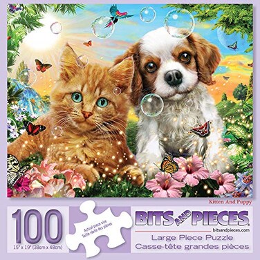 Bits and Pieces Large 100 Piece Jigsaw Puzzle for Adults Kitten Puppy Cute Baby Animals Dog Cat Jigsaw Puzzle by Adrian Chesterman Completed Puzzle Size 15 x 19