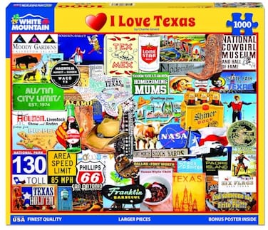 White Mountain 1000 Piece Jigsaw Puzzle Western State Collage Puzzles with Large Pieces for Adults and Family 24x30 I Love Texas