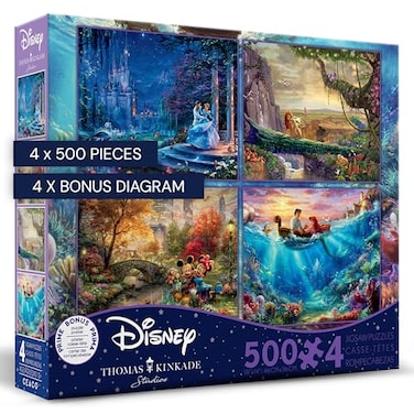 CEACO Ceaco 4 in 1 Multipack Thomas Kinkade Disney Dreams Collection Cinderella The Lion King Mickey and Minnie The Little Mermaid 4 500 Piece Jigsaw Puzzles Blue