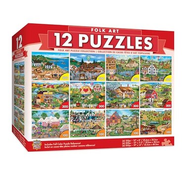 Masterpieces MasterPieces Jigsaw Puzzle 12Pack Bundle Set Fun for Adults and Family Folk Art Collection 4 Round 100 Piece 4 300 Piece 4 500 Pieces