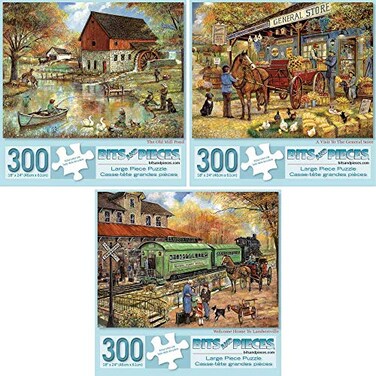 Bits and Pieces Value Set of Three Large 300 Piece Jigsaw Puzzles for Adults Jigsaw Puzzles Designed by Artist Ruane Manning Completed Puzzle Size 18 x 24
