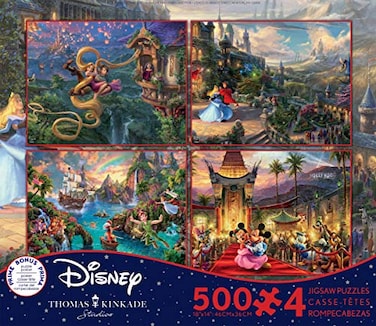 CEACO Ceaco 4 in 1 Multipack Thomas Kinkade Disney Dreams Collection Tangled Sleeping Beauty Peter Pan Mickey and Minnie 4 500 Piece Jigsaw Puzzles 18 x 14
