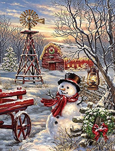Springbok Winter Windmill 500 Piece Jigsaw Puzzle for Adults Featuring Snowman and Red Barn Winter Scene Made in The USA with Interlocking Pieces That snap Perfectly in Place