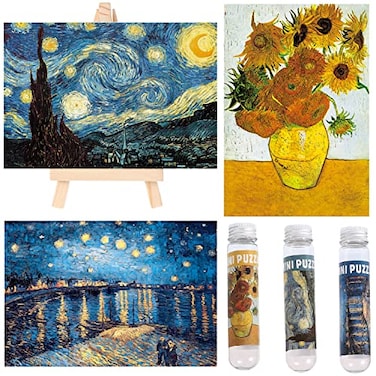 BJscoe Small Jigsaw Puzzles for Adults Challenging Puzzle Small Puzzles Mini Jigsaw Puzzles for Adults 150 Pieces Starry Night Rhone River Sunflower 6 x 4 Inches3 PackMini Easel Included