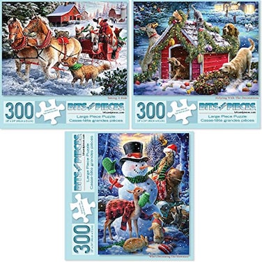 Bits and Pieces Value Set of Three 3 300 Piece Jigsaw Puzzles for Adults Each Puzzle Measures 18 x 24 Winter Holiday Forest Animals Jigsaws by Artist Larry Jones