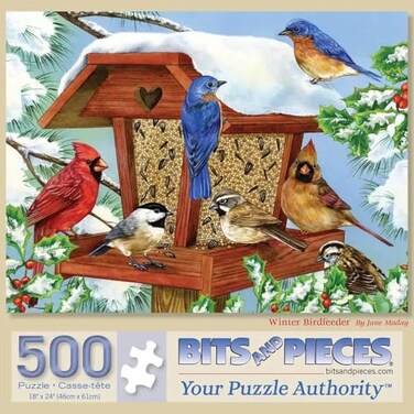 Bits and Pieces 500 Piece Jigsaw Puzzle for Adults Winter Birdfeeder Bird Tree Snow Feeder Jigsaw Puzzle by Artist Greg Giordano Completed Puzzle Size 18 x 24