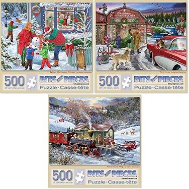 Bits and Pieces Value Set of Three 500 Piece Jigsaw Puzzles for Adults Home for The Holidays Jigsaw Puzzles by Artist Bigelow Illustrations Completed Puzzle Size 18 x 24