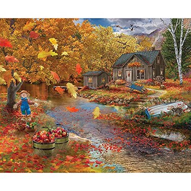 Bits and Pieces 500 Piece Jigsaw Puzzle for Adults Autumn Cabin Fall Forest Lake Tree Leaves Scarecrow Rustic Jigsaw Puzzle by Artist Bigelow Illustrations Completed Puzzle Size 18 x 24