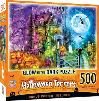 Masterpieces MasterPieces Halloween Puzzle 500 Pieces Glow in the Dark Jigsaw Spooky Seasonal Artwork Random Cut Jigsaw Design with Matte Finish Vibrant Nighttime Art Halloween Puzzles 500 Pieces Coll