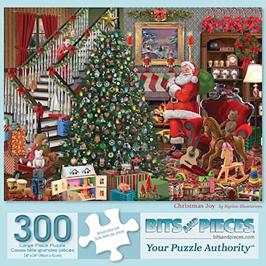 Bits and Pieces 300 Piece Jigsaw Puzzle for Adults Christmas Joy Santa Visiting Presents Tree Jigsaw Puzzle by Artist Bigelow Illustrations Completed Puzzle Size 18 x 24