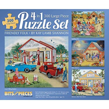 Bits and Pieces 4in1 MultiPack 300 Piece Jigsaw Puzzles for Adults Friendly Folk by Artist Kay Lamb Shannon Completed Puzzle Size 16 x 20