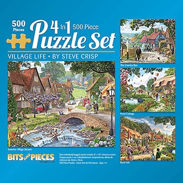 Bits and Pieces 4in1 MultiPack 500 Piece Jigsaw Puzzles for Adults Village Life by Artist Steve Crisp Completed Puzzle Size 16 x 20