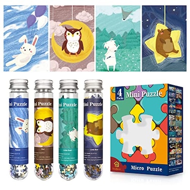 Yove Bzvst Mini Jigsaw Puzzles for Adults 4 Pack 150 Piece Challenging Micro Puzzle Test Tube Small Puzzle Portable Travel Pocket Puzzle Ideal Gift 4x6 Inch Each