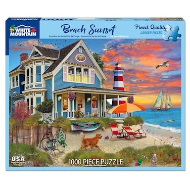 White Mountain 1000 Piece Jigsaw Puzzle Summer Night Ocean House Puzzles with Large Pieces for Adults and Family 24x30 Beach Sunset