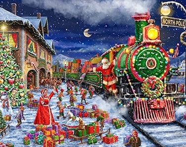 Springbok Santa Express 1000 Piece Jigsaw Puzzle Colorful Holiday Train Illustration with Santa Elves and Presents
