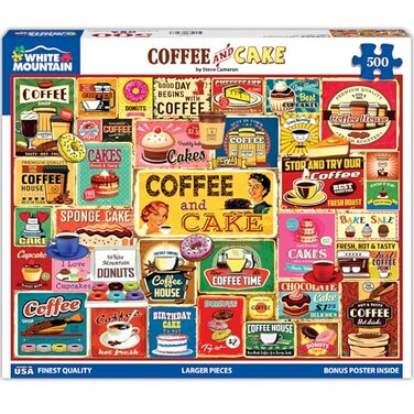 White Mountain 500 Piece Jigsaw Puzzle Funny Collage Food Puzzles with Large Pieces Gift for Adults 18x24 Coffee Cake