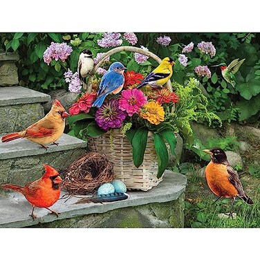 Bits and Pieces Large 300 Piece Jigsaw Puzzle for Adults Birds On The Porch Steps Flowers Jigsaw Puzzle by Greg Giordano Completed Puzzle Size 18 x 24