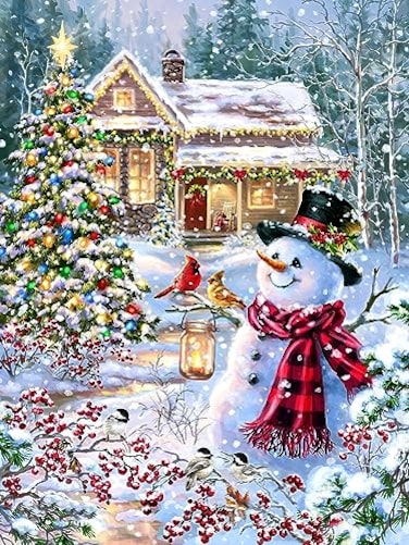 Springbok Cottage in The Snow 1000 Piece Jigsaw Puzzle Holiday Winter Scene with Snowman and Cardinals