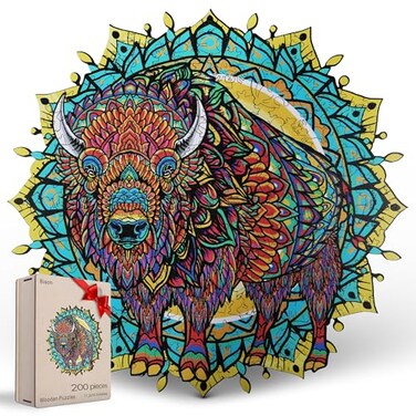 ESTROSO Wooden Puzzles for Adults American Bison 200 Piece Wood Jigsaw Puzzle 112x109 Inches Giftable Storage Box and Carrying Bag Unique Puzzles Custon Art Jigsaw Puzzles