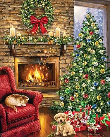 Springbok Fireside Christmas 1000 Piece Jigsaw Puzzle Holiday Themed Illustration with Holiday dcor and Furry Friends