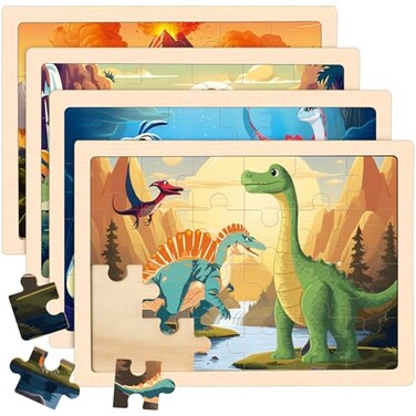 LACCHOUFEE Wooden Dinosaurs Puzzles for Kids Age 3 4 5 Year Old 4 Pack 24 Pcs Montessori Toddler Jigsaw Puzzles for Girl boy Activities Preschool Learning Educational Birthday Gift Travel Autistic Woo