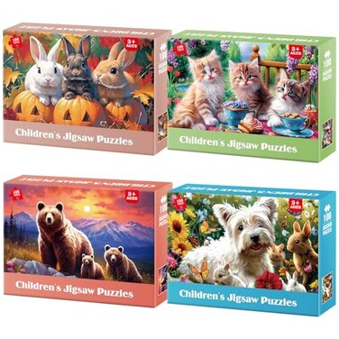 Jeacirio 4 Pack 100 Piece Puzzles for Kids Ages 46 68 810 Cute Animal Jigsaw Set with Rabbits Kittens Bears Puppy Friends Large Piece Gift Set with Posters and Storage Bags