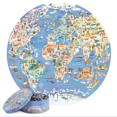 Bopster bopster 1000PieceRound World Map Jigsaw Puzzle for Adults Teens Illustrated Globe Design Premium 1000pc Puzzle Giftable Family Activity