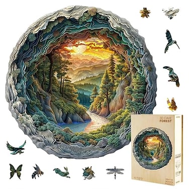 Jollitot 300 Pieces Wooden Puzzles 3D Cave Forest Puzzle Unique Animal Shaped Wood Challenging Jigsaw Puzzles Ideal for Adults Premium Wood Gift Box 134x133in