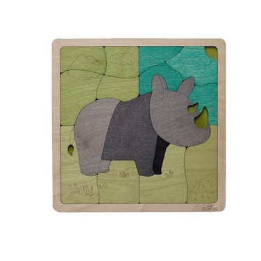 Ekoplay Tuff Rhinoceros Wooden Puzzle 16 Pieces Jigsaw Puzzle Endangered Animals for Kids 3 Years and Above