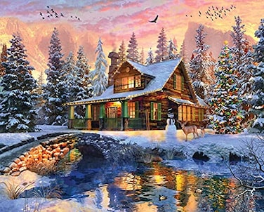 Springbok Rocky Mountain Christmas 1000 Piece Jigsaw Puzzle Cabin in The Woods nestled in The Mountains