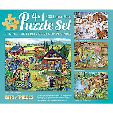 Bits and Pieces 4in1 MultiPack 300 Piece Jigsaw Puzzles for Adults Fun on The Farm by Artist Sandy Rusinko Completed Puzzle Size 16 x 20