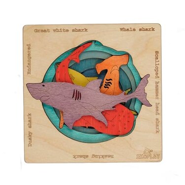 Ekoplay Endangered Sharks Multilayered Wooden Jigsaw Puzzles for Kids Hammerhead Great White Whale Dusky Basking Learning Toy Gift for Boys Girls Ages 3 Years and Above