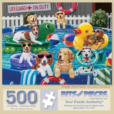 Bits and Pieces 500 Piece Jigsaw Puzzle for Adults Puppy Pool Party Summer Swimming Dog Jigsaw Puzzle by Artist William Vanderdasson Completed Puzzle Size 18 x 24