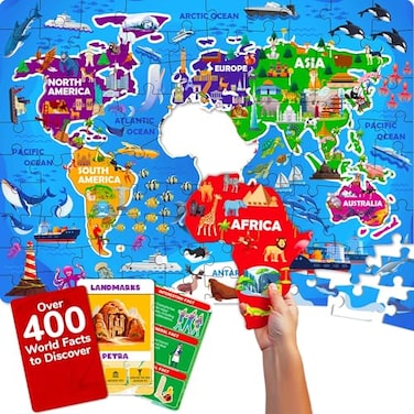 QUOKKA World Map Puzzles for Kids Ages 810 70 Pcs Jigsaw Floor Puzzles for Kids Ages 68 Year Old Includes 50 Cards with 400 Fun Facts Continent Shaped Educational Gift for Girl and Boy 48