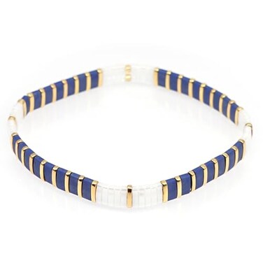 Sonateomber Tila Flat Beaded Stretch Strand Bracelet for Women Trendy Handmade Blue White Gold Square Beads Friendship Stackable Bracelets Friend Jewelry Gift